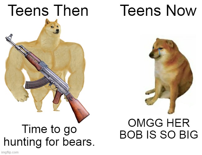Buff Doge vs. Cheems | Teens Then; Teens Now; Time to go hunting for bears. OMGG HER BOB IS SO BIG | image tagged in memes,buff doge vs cheems | made w/ Imgflip meme maker
