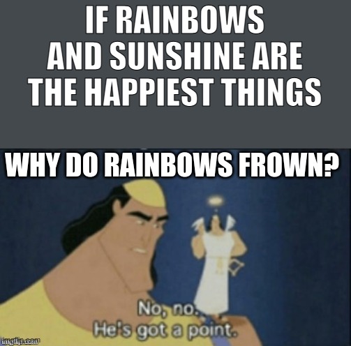Think about it | IF RAINBOWS AND SUNSHINE ARE THE HAPPIEST THINGS; WHY DO RAINBOWS FROWN? | image tagged in no no hes got a point | made w/ Imgflip meme maker