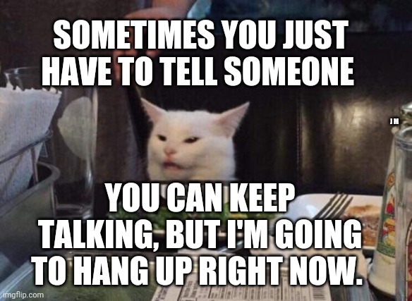 Salad cat | SOMETIMES YOU JUST HAVE TO TELL SOMEONE; J M; YOU CAN KEEP TALKING, BUT I'M GOING TO HANG UP RIGHT NOW. | image tagged in salad cat | made w/ Imgflip meme maker