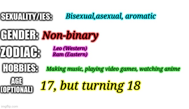 Eyo! | Bisexual,asexual, aromatic; Non-binary; Leo (Western)
Ram (Eastern); Making music, playing video games, watching anime; 17, but turning 18 | image tagged in bio template,hey if your reading this,please kill me | made w/ Imgflip meme maker