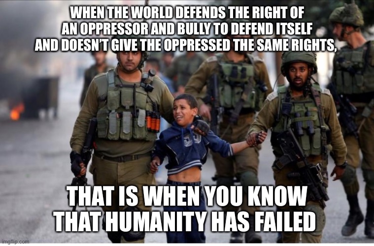 Israeli oppression | WHEN THE WORLD DEFENDS THE RIGHT OF AN OPPRESSOR AND BULLY TO DEFEND ITSELF AND DOESN’T GIVE THE OPPRESSED THE SAME RIGHTS, THAT IS WHEN YOU KNOW THAT HUMANITY HAS FAILED | image tagged in palestine | made w/ Imgflip meme maker