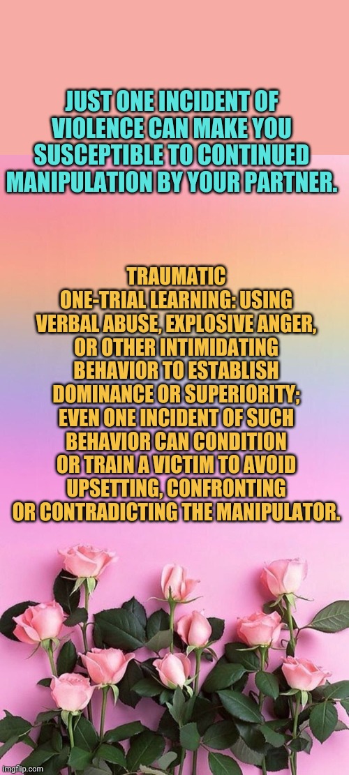 Cheater | JUST ONE INCIDENT OF VIOLENCE CAN MAKE YOU SUSCEPTIBLE TO CONTINUED MANIPULATION BY YOUR PARTNER. TRAUMATIC ONE-TRIAL LEARNING: USING VERBAL ABUSE, EXPLOSIVE ANGER, OR OTHER INTIMIDATING BEHAVIOR TO ESTABLISH DOMINANCE OR SUPERIORITY; EVEN ONE INCIDENT OF SUCH BEHAVIOR CAN CONDITION OR TRAIN A VICTIM TO AVOID UPSETTING, CONFRONTING OR CONTRADICTING THE MANIPULATOR. | image tagged in violence | made w/ Imgflip meme maker