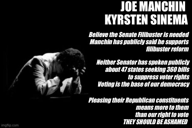 Distressed Man | JOE MANCHIN 
KYRSTEN SINEMA; Believe the Senate Filibuster is needed
Manchin has publicly said he supports
filibuster reform; Neither Senator has spoken publicly
about 47 states seeking 360 bills
to suppress voter rights
Voting is the base of our democracy; Pleasing their Republican constituents
means more to them
than our right to vote
THEY SHOULD BE ASHAMED | image tagged in distressed man | made w/ Imgflip meme maker