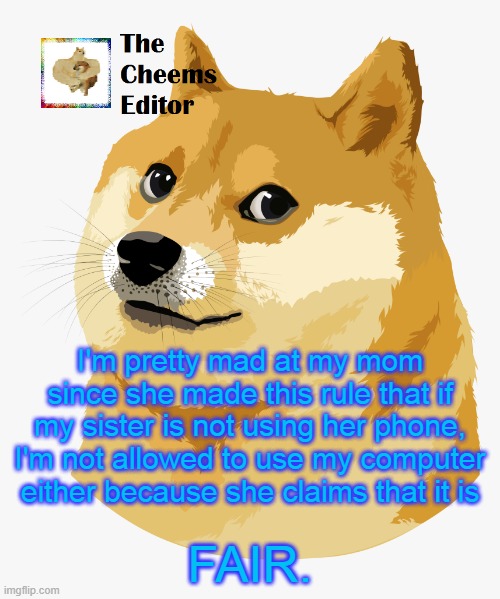 I'm pretty mad at my mom since she made this rule that if my sister is not using her phone, I'm not allowed to use my computer either because she claims that it is; FAIR. | image tagged in thecheemseditor announcement template | made w/ Imgflip meme maker