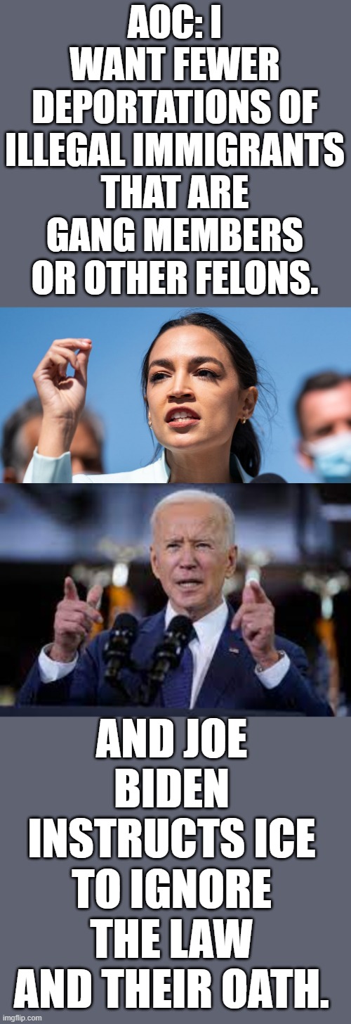 Joe Biden And AOC's Immigration Plans...The Disastrous Duo | AOC: I WANT FEWER DEPORTATIONS OF ILLEGAL IMMIGRANTS THAT ARE GANG MEMBERS OR OTHER FELONS. AND JOE BIDEN INSTRUCTS ICE TO IGNORE THE LAW AND THEIR OATH. | image tagged in memes,politics,illegal immigration,let me in,gangs,felon | made w/ Imgflip meme maker