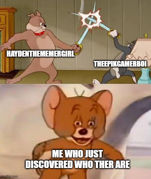 Why are they always fighting? |  HAYDENTHEMEMERGIRL; THEEPIKGAMERBOI; ME WHO JUST DISCOVERED WHO THER ARE | image tagged in tom and jerry swordfight | made w/ Imgflip meme maker