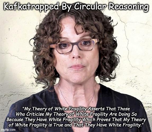 Social Snake Oil | Kafkatrapped By Circular Reasoning; "My Theory of White Fragility Asserts That Those Who Criticise My Theory of White Fragility Are Doing So Because They Have White Fragility Which Proves That My Theory of White Fragility is True and That They Have White Fragility." | image tagged in political memes,racist robin diangelo,white privilege,woke,sjws,stupid liberals | made w/ Imgflip meme maker