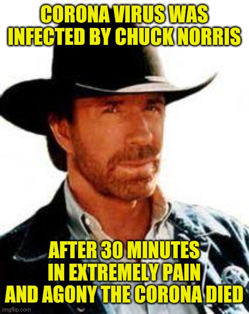 ChuckNorris.jpg | CORONA VIRUS WAS INFECTED BY CHUCK NORRIS; AFTER 30 MINUTES IN EXTREMELY PAIN AND AGONY THE CORONA DIED | image tagged in chucknorris,memes,mith,corona,virus,mystic | made w/ Imgflip meme maker