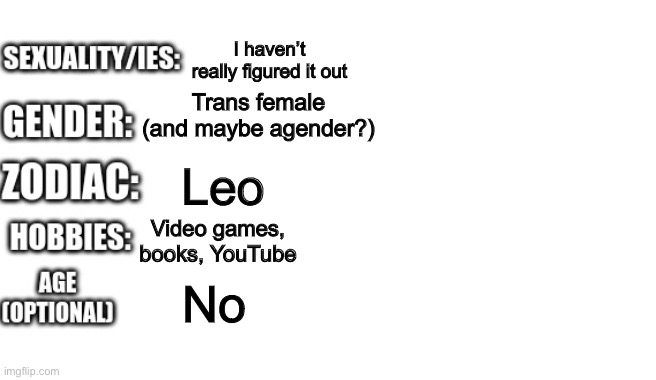 Bio template | I haven’t really figured it out; Trans female (and maybe agender?); Leo; Video games, books, YouTube; No | image tagged in bio template | made w/ Imgflip meme maker