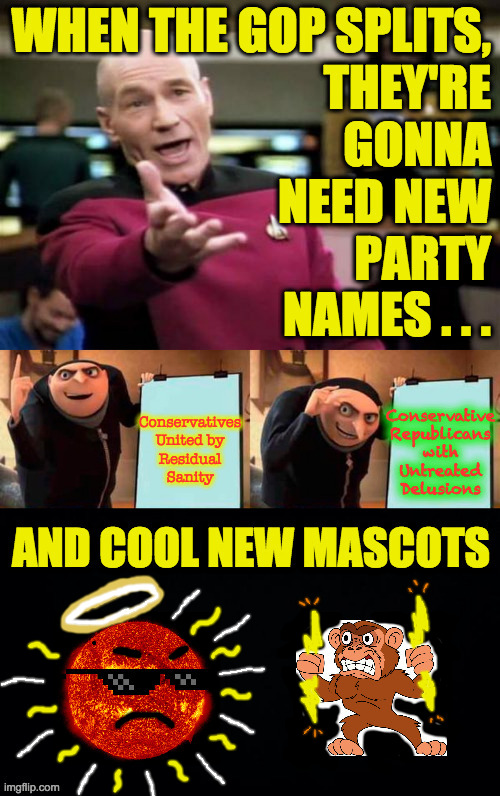 These are just suggestions that try to honor party traditions. | image tagged in memes,gop split,mascots,tradition | made w/ Imgflip meme maker