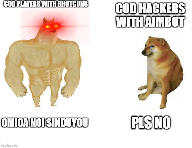 OMIOA NOI SINDEYU | COD PLAYERS WITH SHOTGUNS; COD HACKERS WITH AIMBOT; OMIOA NOI SINDUYOU; PLS NO | image tagged in memes,buff doge vs cheems | made w/ Imgflip meme maker