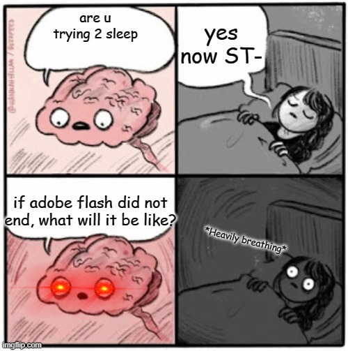 Brain Before Sleep | yes now ST-; are u trying 2 sleep; if adobe flash did not end, what will it be like? *Heavily breathing* | image tagged in brain before sleep | made w/ Imgflip meme maker