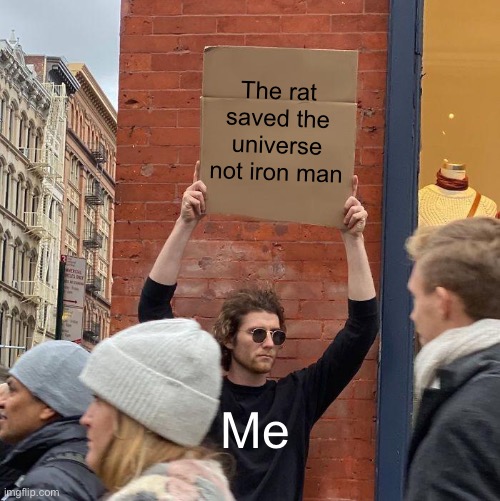 The rat saved the universe not iron man; Me | image tagged in memes,guy holding cardboard sign | made w/ Imgflip meme maker