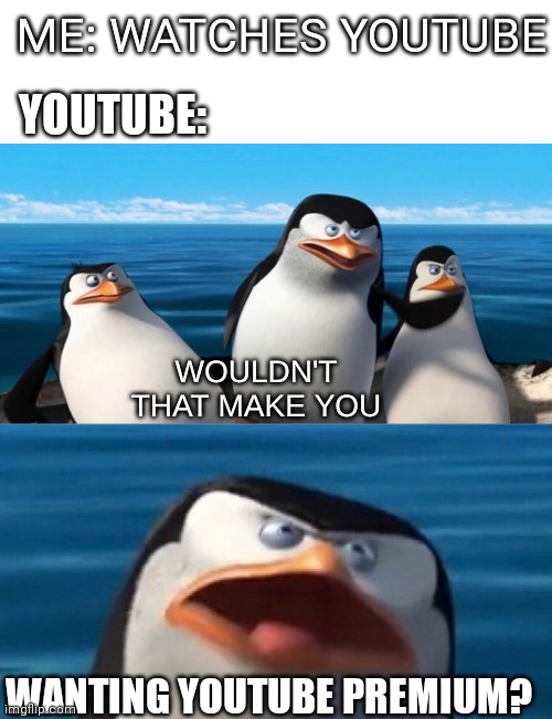 I dunno it randomly came to me | YOUTUBE:; ME: WATCHES YOUTUBE; WANTING YOUTUBE PREMIUM? | image tagged in wouldn't that make you blank,youtube premium,idk i just need a hug | made w/ Imgflip meme maker