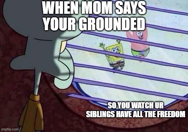 Grounded | WHEN MOM SAYS YOUR GROUNDED; SO YOU WATCH UR SIBLINGS HAVE ALL THE FREEDOM | image tagged in squidward window | made w/ Imgflip meme maker