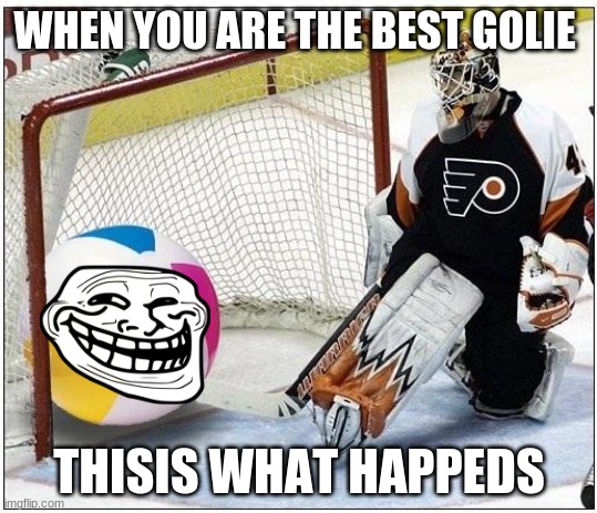 Hockey goalie beachball | WHEN YOU ARE THE BEST GOLIE; THISIS WHAT HAPPEDS | image tagged in hockey goalie beachball | made w/ Imgflip meme maker