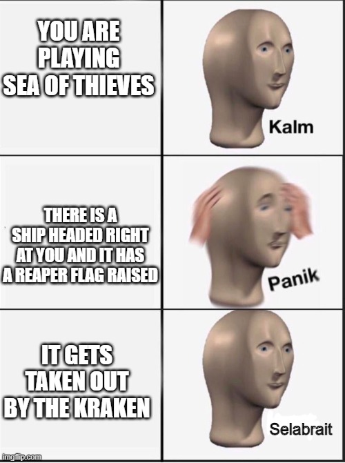 Sea of Thieves meme | YOU ARE PLAYING SEA OF THIEVES; THERE IS A SHIP HEADED RIGHT AT YOU AND IT HAS A REAPER FLAG RAISED; IT GETS TAKEN OUT BY THE KRAKEN | image tagged in kalm panik selabrait | made w/ Imgflip meme maker
