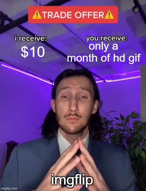 imgflip agreement | only a month of hd gif; $10; imgflip | image tagged in trade offer,imgflip trade | made w/ Imgflip meme maker