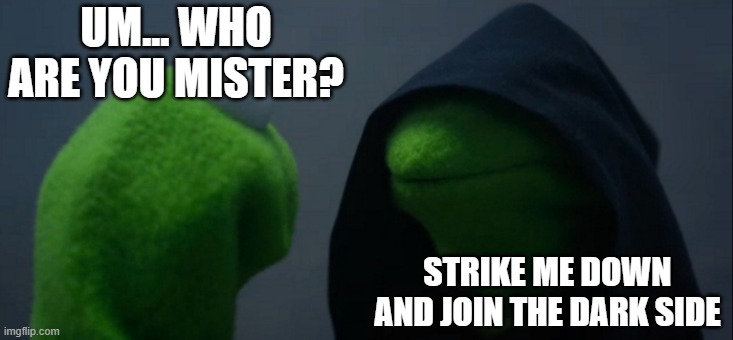Evil Kermit Meme |  UM... WHO ARE YOU MISTER? STRIKE ME DOWN AND JOIN THE DARK SIDE | image tagged in memes,evil kermit | made w/ Imgflip meme maker