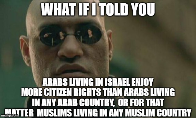 Matrix Morpheus | WHAT IF I TOLD YOU; ARABS LIVING IN ISRAEL ENJOY MORE CITIZEN RIGHTS THAN ARABS LIVING IN ANY ARAB COUNTRY,  OR FOR THAT MATTER  MUSLIMS LIVING IN ANY MUSLIM COUNTRY | image tagged in memes,matrix morpheus | made w/ Imgflip meme maker