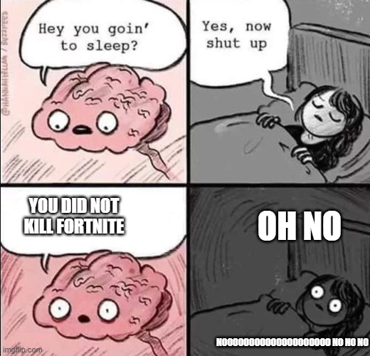 waking up brain | YOU DID NOT KILL FORTNITE; OH NO; NOOOOOOOOOOOOOOOOOOOO NO NO NO | image tagged in waking up brain | made w/ Imgflip meme maker
