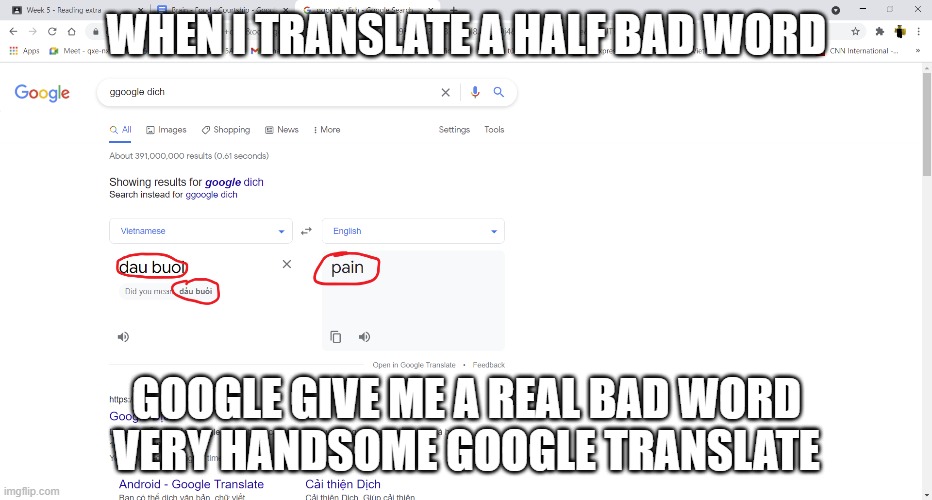Google translate meme | WHEN I TRANSLATE A HALF BAD WORD; GOOGLE GIVE ME A REAL BAD WORD
VERY HANDSOME GOOGLE TRANSLATE | image tagged in bruh moment | made w/ Imgflip meme maker