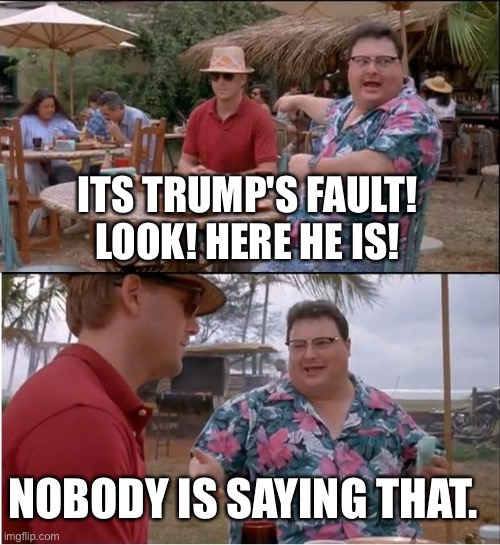 See Nobody Cares Meme | ITS TRUMP'S FAULT! LOOK! HERE HE IS! NOBODY IS SAYING THAT. | image tagged in memes,see nobody cares | made w/ Imgflip meme maker