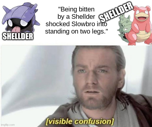 Pokemon | SHELLDER; "Being bitten by a Shellder shocked Slowbro into standing on two legs."; SHELLDER | image tagged in pokemon | made w/ Imgflip meme maker