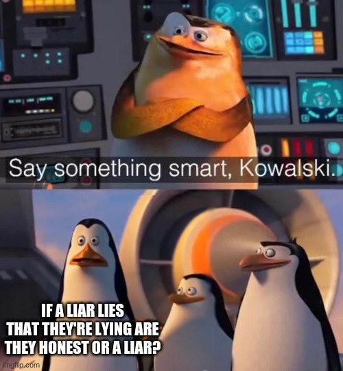 This hurts my brain | IF A LIAR LIES THAT THEY'RE LYING ARE THEY HONEST OR A LIAR? | image tagged in say something smart kowalski | made w/ Imgflip meme maker