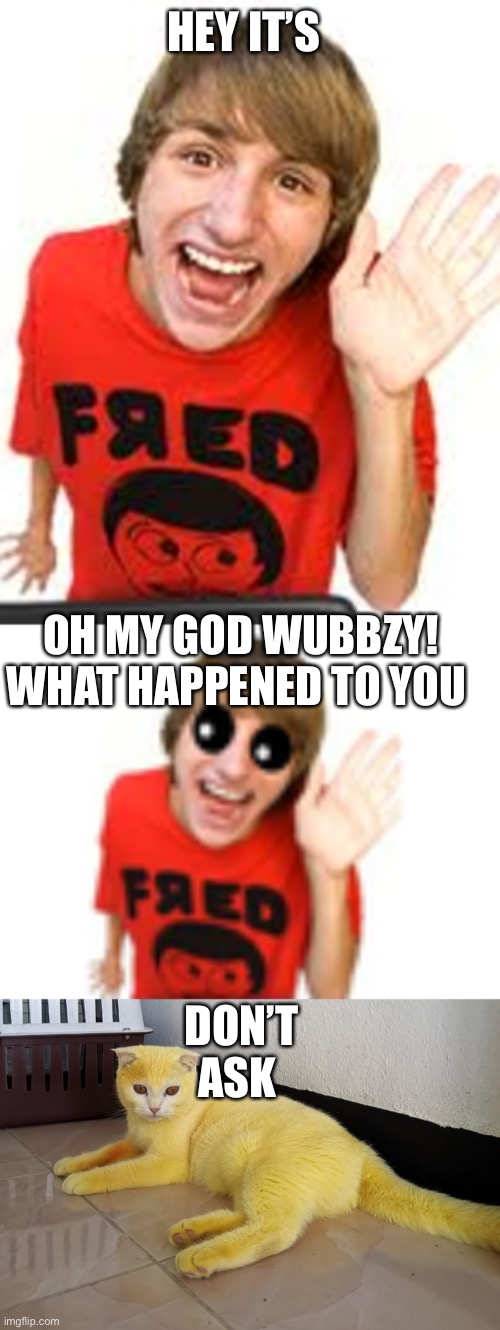 Fred meets real life wubbzy | HEY IT’S; OH MY GOD WUBBZY! WHAT HAPPENED TO YOU; DON’T ASK | image tagged in fred,wubbzy,real life | made w/ Imgflip meme maker