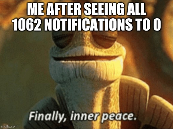 I like seeing 0 nonifactions | ME AFTER SEEING ALL 1062 NOTIFICATIONS TO 0 | image tagged in finally inner peace,nonifacation,peace | made w/ Imgflip meme maker
