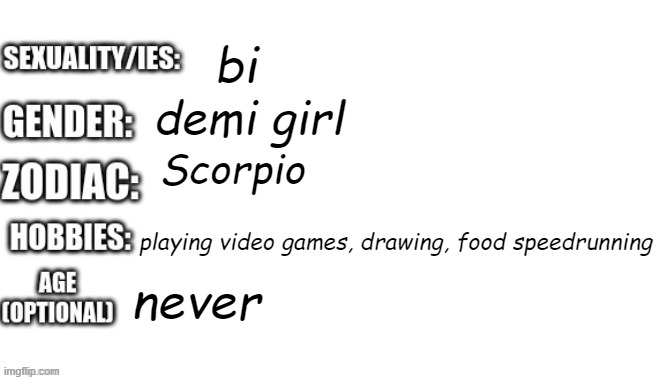 idk everybody else was doing one so might as well | bi; demi girl; Scorpio; playing video games, drawing, food speedrunning; never | image tagged in me | made w/ Imgflip meme maker