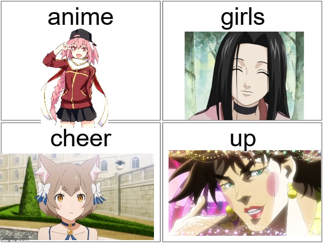 Cheer up depresso | anime; girls; cheer; up | image tagged in memes,blank comic panel 2x2,girls,anime,sexy | made w/ Imgflip meme maker