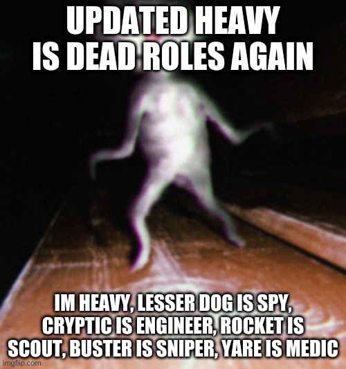 Nurpo | UPDATED HEAVY IS DEAD ROLES AGAIN; IM HEAVY, LESSER DOG IS SPY, CRYPTIC IS ENGINEER, ROCKET IS SCOUT, BUSTER IS SNIPER, YARE IS MEDIC | image tagged in nurpo | made w/ Imgflip meme maker