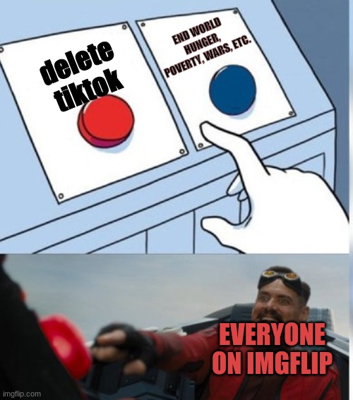 Two Buttons Eggman | delete tiktok END WORLD HUNGER, POVERTY, WARS, ETC. EVERYONE ON IMGFLIP | image tagged in two buttons eggman | made w/ Imgflip meme maker