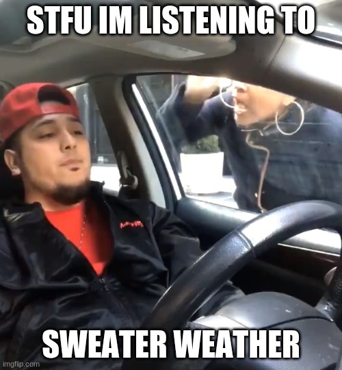 and thats on being bisexual | STFU IM LISTENING TO; SWEATER WEATHER | image tagged in stfu im listening to | made w/ Imgflip meme maker