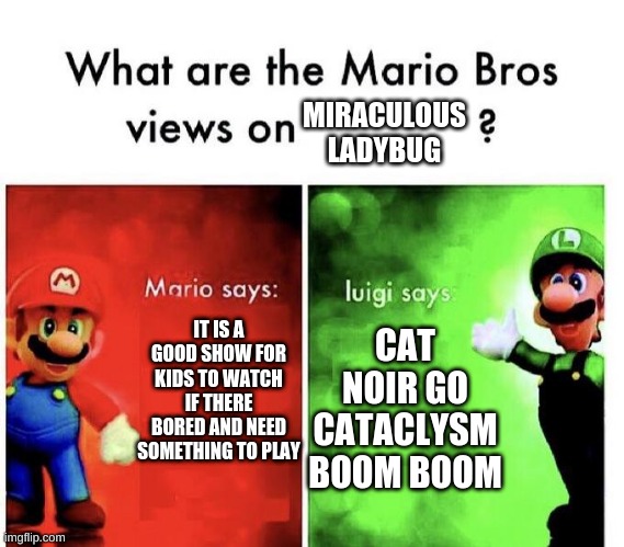 Mario Bros Views | MIRACULOUS LADYBUG; IT IS A GOOD SHOW FOR KIDS TO WATCH IF THERE BORED AND NEED SOMETHING TO PLAY; CAT NOIR GO CATACLYSM BOOM BOOM | image tagged in mario bros views | made w/ Imgflip meme maker