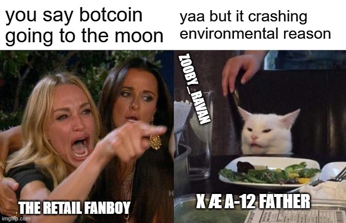 money waste | you say botcoin going to the moon; yaa but it crashing environmental reason; ZOOBY_RAVAN; X Æ A-12 FATHER; THE RETAIL FANBOY | image tagged in memes,woman yelling at cat | made w/ Imgflip meme maker