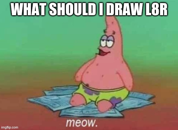 patrick meow | WHAT SHOULD I DRAW L8R | image tagged in patrick meow | made w/ Imgflip meme maker