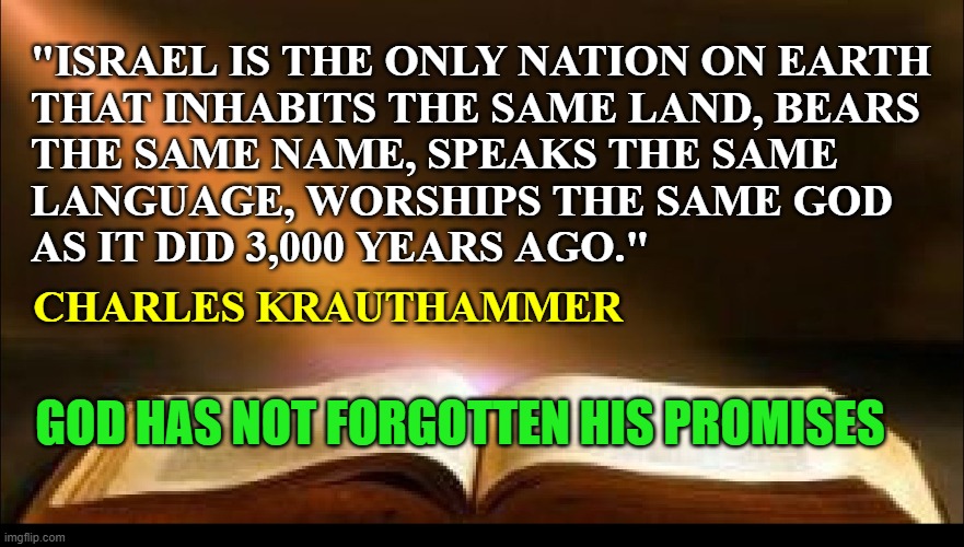 ISRAEL - God's People | "ISRAEL IS THE ONLY NATION ON EARTH
THAT INHABITS THE SAME LAND, BEARS
THE SAME NAME, SPEAKS THE SAME
LANGUAGE, WORSHIPS THE SAME GOD
AS IT DID 3,000 YEARS AGO."; CHARLES KRAUTHAMMER; GOD HAS NOT FORGOTTEN HIS PROMISES | image tagged in israel,god,prophecy,yhwh,ancient,bible | made w/ Imgflip meme maker