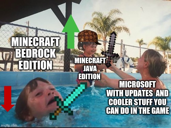 Always behind. . . . . . | MINECRAFT BEDROCK EDITION; MINECRAFT JAVA EDITION; MICROSOFT WITH UPDATES  AND COOLER STUFF YOU CAN DO IN THE GAME | image tagged in drowning kid in the pool | made w/ Imgflip meme maker