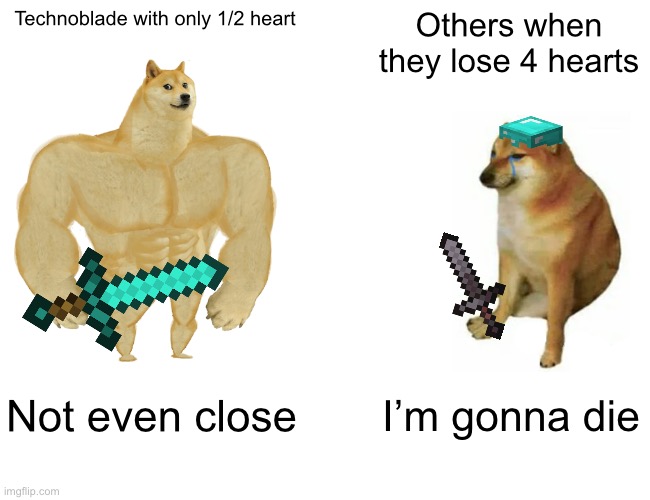 Is that a lot of transparent images | Technoblade with only 1/2 heart; Others when they lose 4 hearts; Not even close; I’m gonna die | image tagged in memes,buff doge vs cheems | made w/ Imgflip meme maker