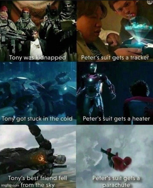 this shows how much Tony loves peater | image tagged in superheroes,iron man,spiderman,avengers | made w/ Imgflip meme maker