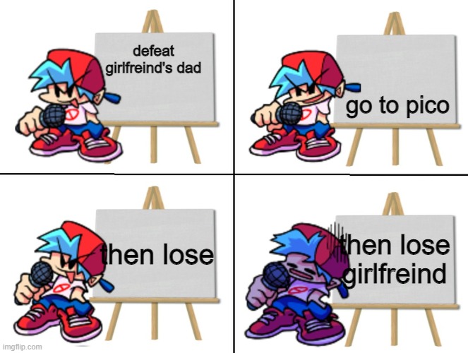 bf is sad now...... | go to pico; defeat girlfreind's dad; then lose; then lose girlfreind | image tagged in the bf's plan | made w/ Imgflip meme maker