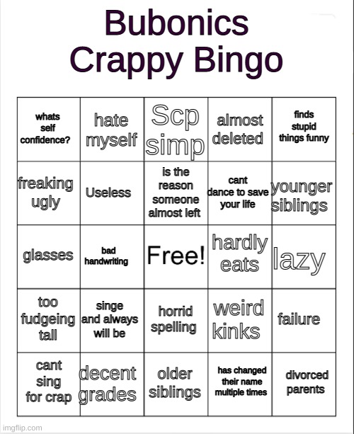 Blank Bingo | Bubonics Crappy Bingo; Scp simp; hate myself; finds stupid things funny; whats self confidence? almost deleted; is the reason someone almost left; freaking ugly; younger siblings; cant dance to save your life; Useless; hardly eats; glasses; lazy; bad handwriting; too fudgeing tall; singe and always will be; failure; weird kinks; horrid spelling; decent grades; divorced parents; cant sing for crap; older siblings; has changed their name multiple times | image tagged in blank bingo | made w/ Imgflip meme maker