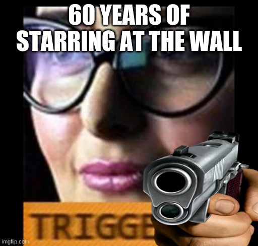 TRIGGERED... | 60 YEARS OF STARRING AT THE WALL | image tagged in gun | made w/ Imgflip meme maker