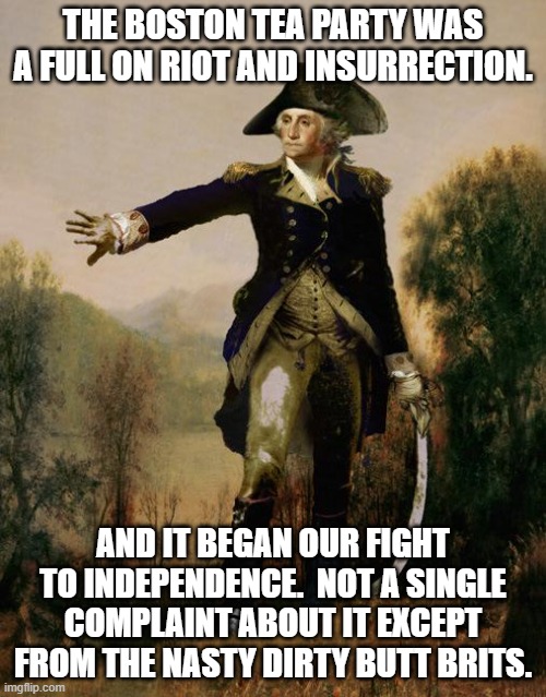 George was a revolutionary soldier.  But he was an insurrectionist for sure. | THE BOSTON TEA PARTY WAS A FULL ON RIOT AND INSURRECTION. AND IT BEGAN OUR FIGHT TO INDEPENDENCE.  NOT A SINGLE COMPLAINT ABOUT IT EXCEPT FROM THE NASTY DIRTY BUTT BRITS. | image tagged in george washington 6 | made w/ Imgflip meme maker