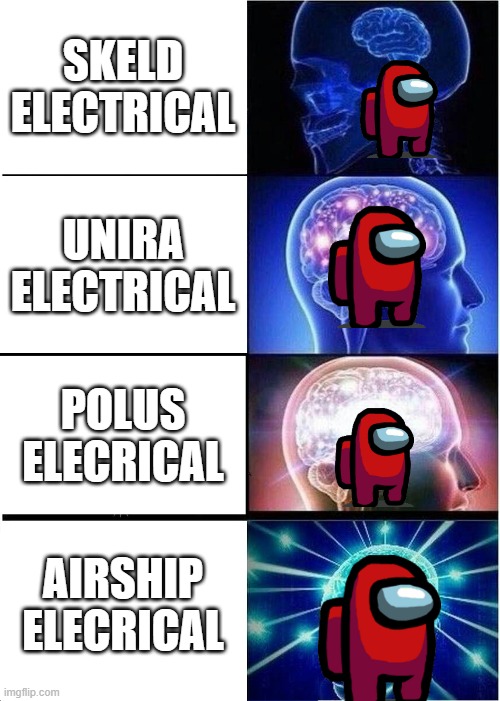 Expanding Brain | SKELD ELECTRICAL; UNIRA ELECTRICAL; POLUS ELECRICAL; AIRSHIP ELECRICAL | image tagged in memes,expanding brain | made w/ Imgflip meme maker