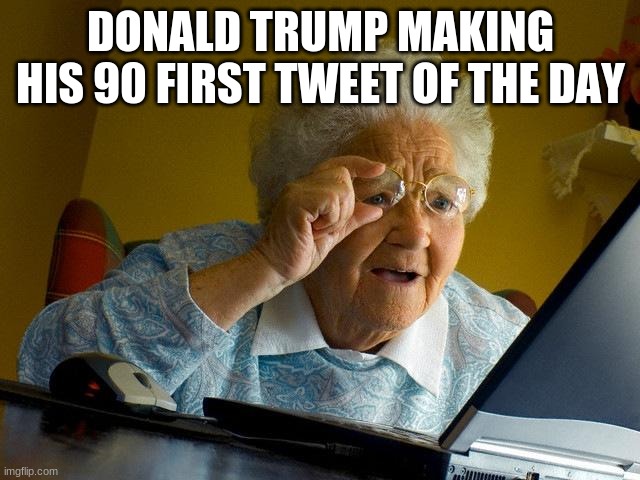Grandma Finds The Internet Meme | DONALD TRUMP MAKING HIS 90 FIRST TWEET OF THE DAY | image tagged in memes,grandma finds the internet | made w/ Imgflip meme maker