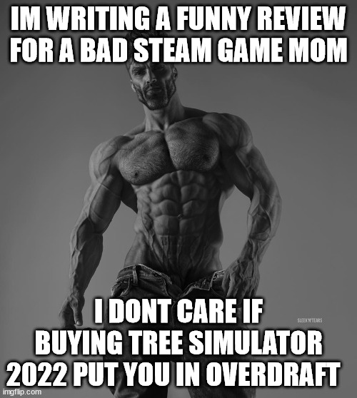 giga chad | IM WRITING A FUNNY REVIEW FOR A BAD STEAM GAME MOM; I DONT CARE IF BUYING TREE SIMULATOR 2022 PUT YOU IN OVERDRAFT | image tagged in giga chad | made w/ Imgflip meme maker